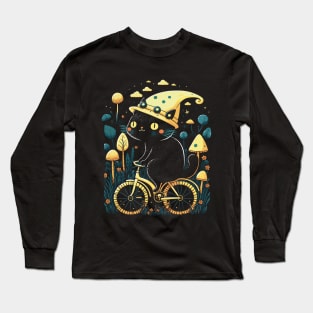 Cute Cottagecore Aesthetic Cat Mushroom Bicycle Long Sleeve T-Shirt